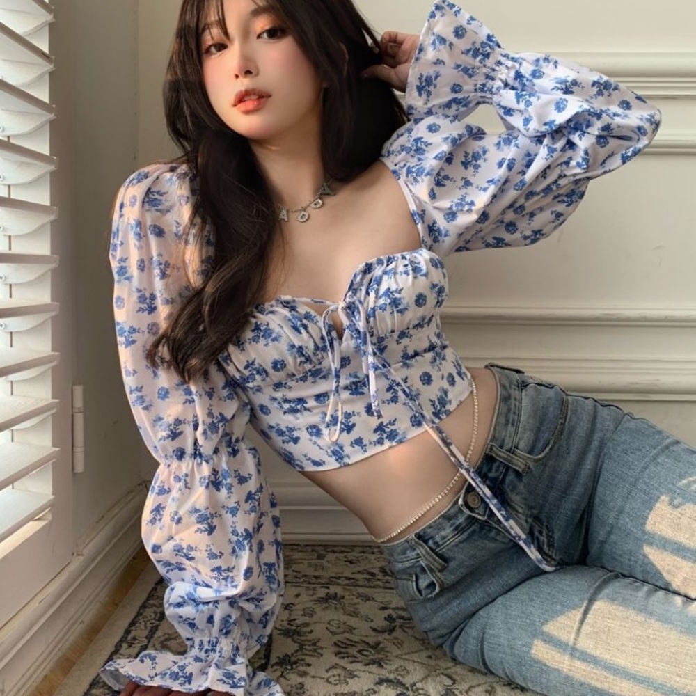 Blue floral white long sleeve crop tie blouse